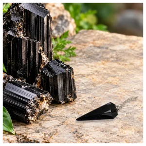 Black tourmaline on stone with pendulum. Black tourmaline on stone with pendulum.