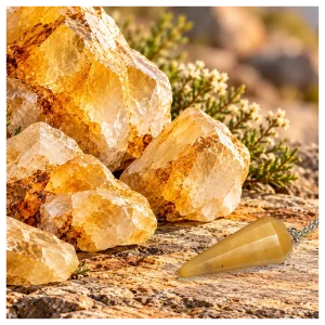 Golden quartz crystal with Golden Healer pendulum. Golden quartz crystals with Golden Healer pendulum.