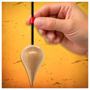 Hand holding the adjustable bead on the conical beech wood pendulum cord. Hand holding the adjustable bead on the Conical beech wood pendulum cord.