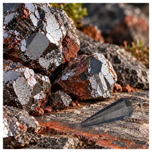 Hematite rocks with Hematite pendulum. Hematite rocks with Hematite pendulum.