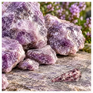 Lepidolite minerals with lepidolite crystal pendulum. Lepidolite minerals with lepidolite pendulum.
