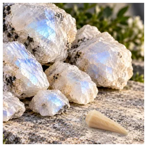 Moonstone crystals with moonstone pendulum. Moonstone crystal with moonstone pendulum.