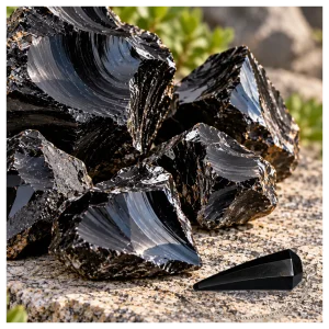 Obsidian crystal with obsidian pendulum. Obsidian crystals with obsidian pendulum.