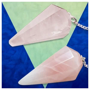 Comparison of regular (top) and premium (bottom) rose quartz crystal pendulums. Rose quartz comparison between regular and premium pendulums.