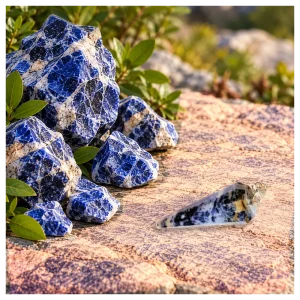 Sodalite stones with sodalite pendulum. Sodalite stones with sodalite pendulum.