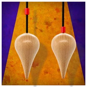 Two conical beech wood pendulums showing different adjustable bead positions on their cords. Two conical beech wood dowsing pendulums showing different adjustable bead positions on their cords.