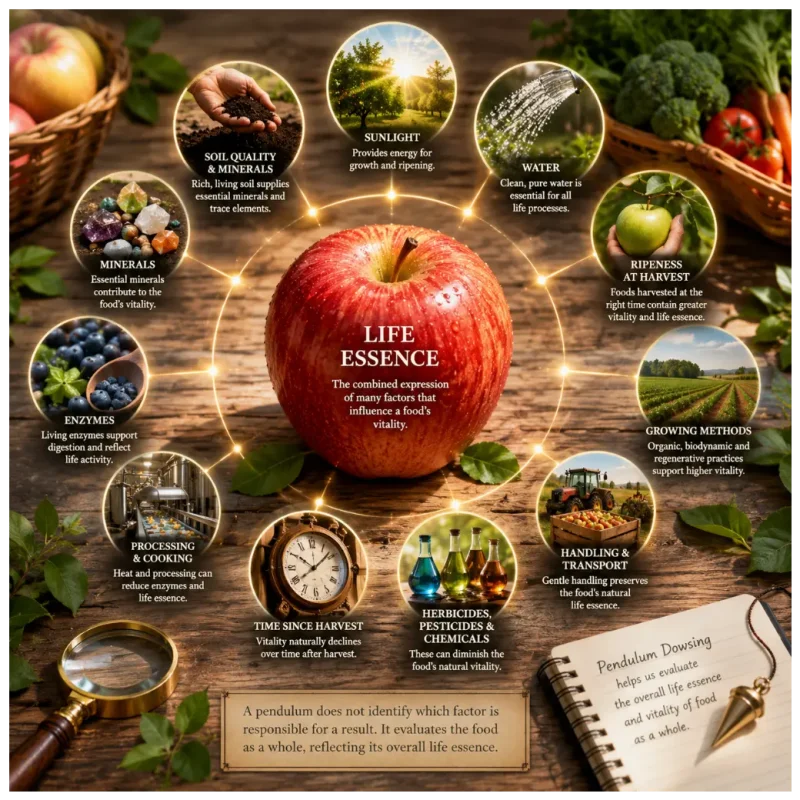 Illustration showing the many factors that may contribute to a food's life essence, including sunlight, water, minerals, enzymes, growing methods, processing, storage, and time since harvest.